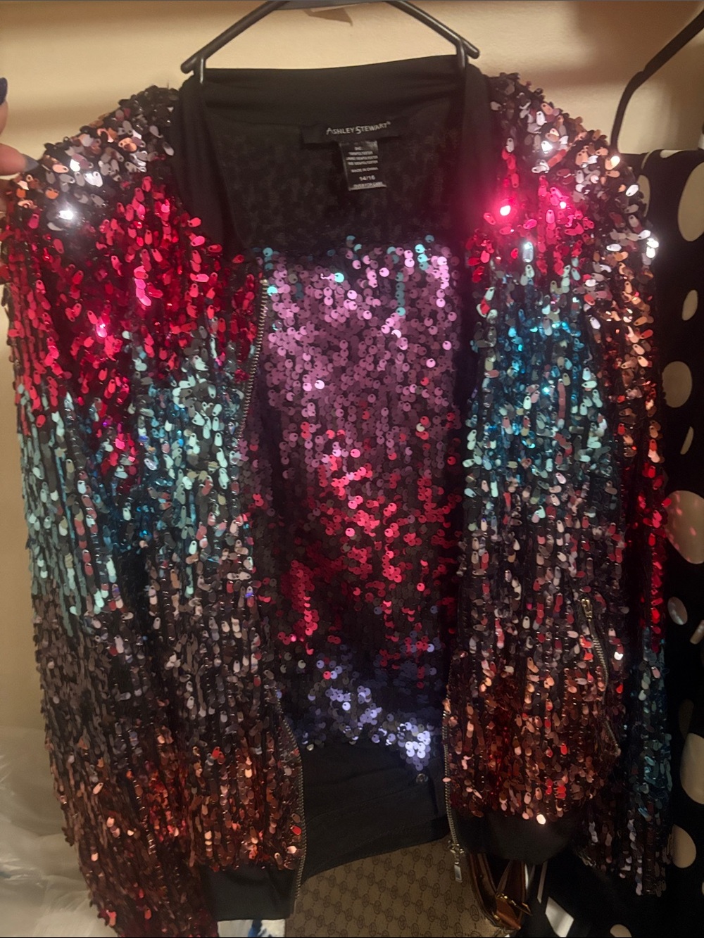 Ashley Stewart Multicolor Sequin Bomber Jacket with Black Trim & Jeans to match